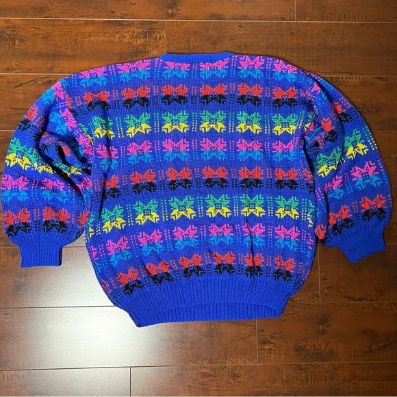 VINTAGE 1980s Bright Printed Sweater Crew Neck Vtg 80s Balloon Sleeves - Picture 4 of 7